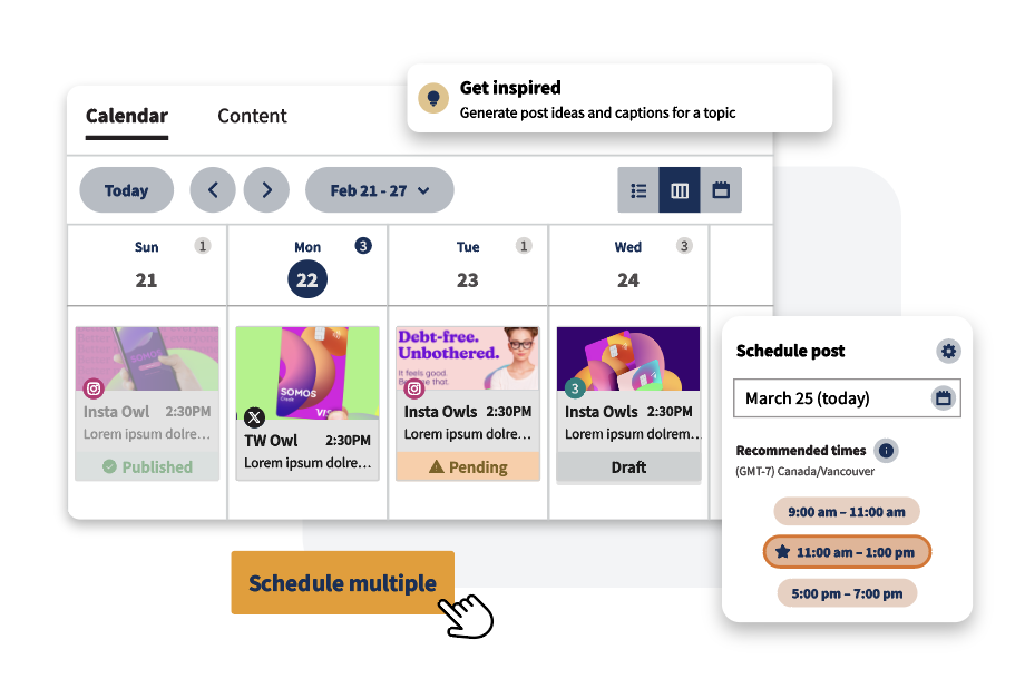 A social media content calendar showing scheduled posts by day and a panel with recommended posting time windows and a selected time zone.